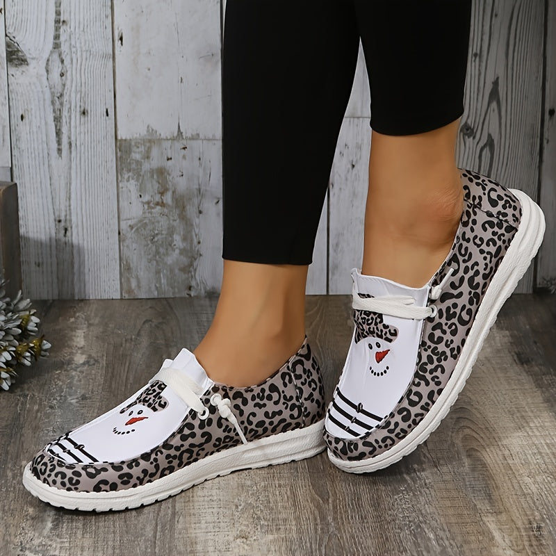 Women's Flat Canvas Loafers, Christmas Pattern Printed Lace Up Slip On Shoes, Women's Footwear