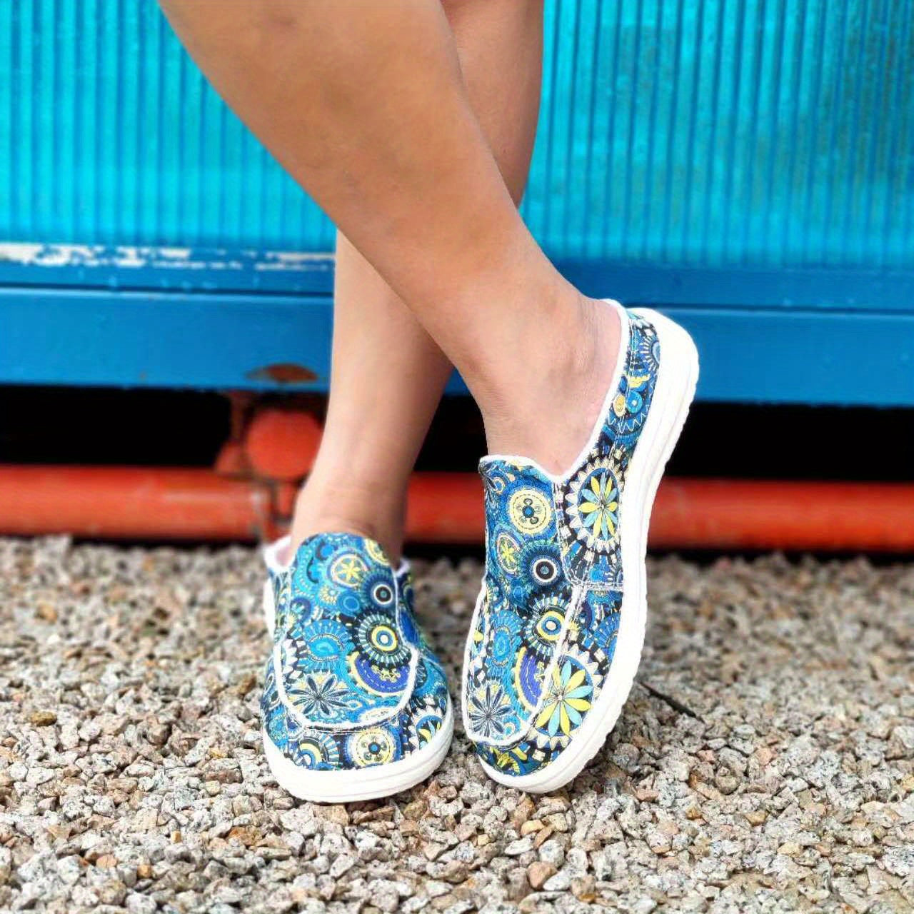 Women's Floral Print Canvas Shoes, Slip-on Round Toe Lightweight Casual Shoes, Women's Comfy Walking Flat Shoes