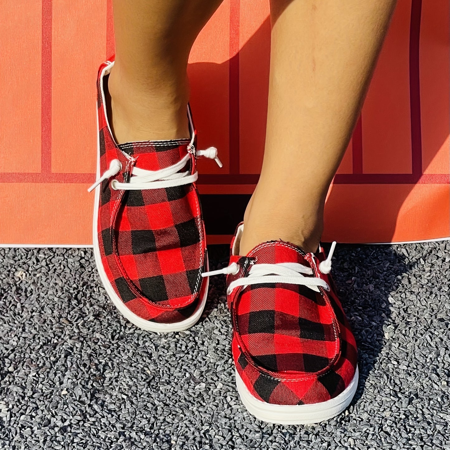Women's Red Plaid Pattern Canvas Sneakers, Casual Lace Up Low Top Flat Shoes, Lightweight Walking Shoes