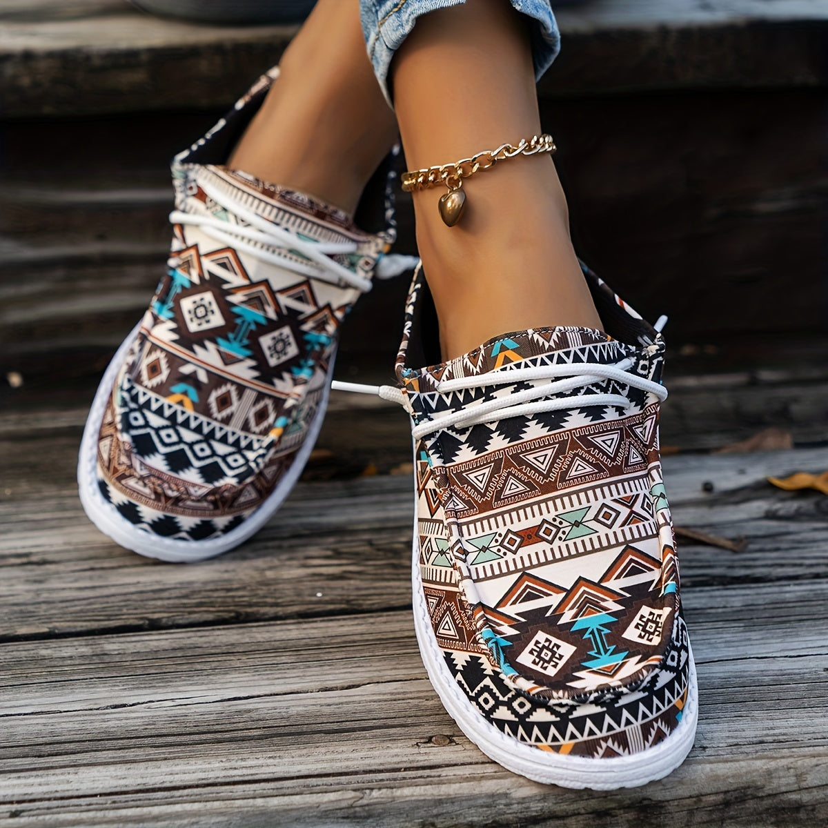 Women's Geometric Pattern Canvas Shoes, Casual Lace Up Outdoor Shoes, Lightweight Low Top Shoes